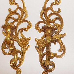 Pair of Vintage Syroco Gold Tone Wall Sconce Candlestick Holders-Floral Design